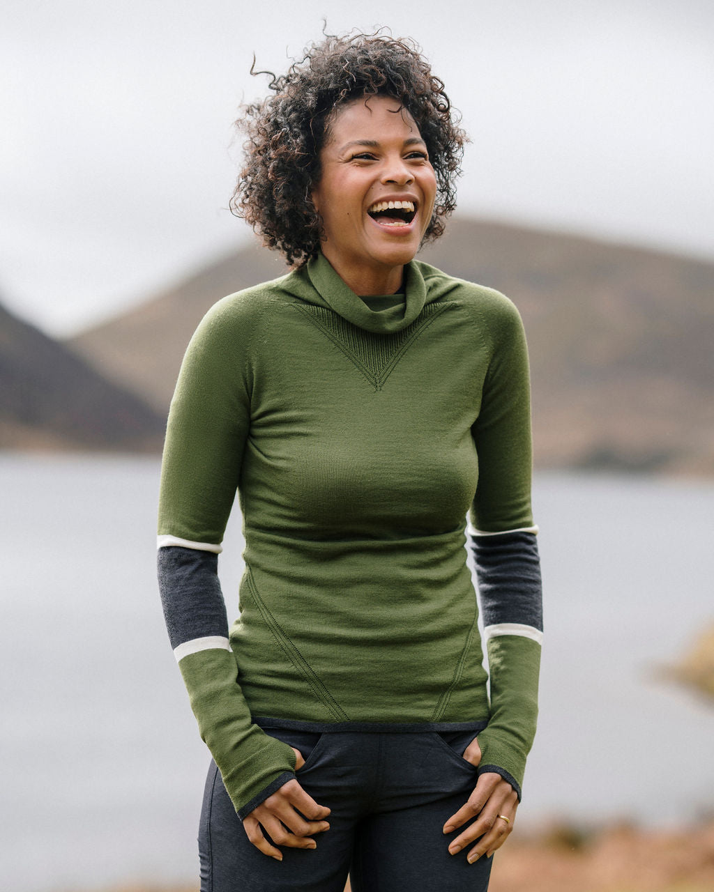 FINDRA Clothing FINDRA  Marin Merino Cowl Neck Top Size XXL Moss Green/Oatmeal/Charcoal